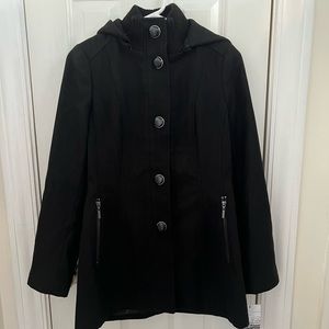 Womens Coat Jacket Black Hooded Long Sleeve Button Jacket. Size XS